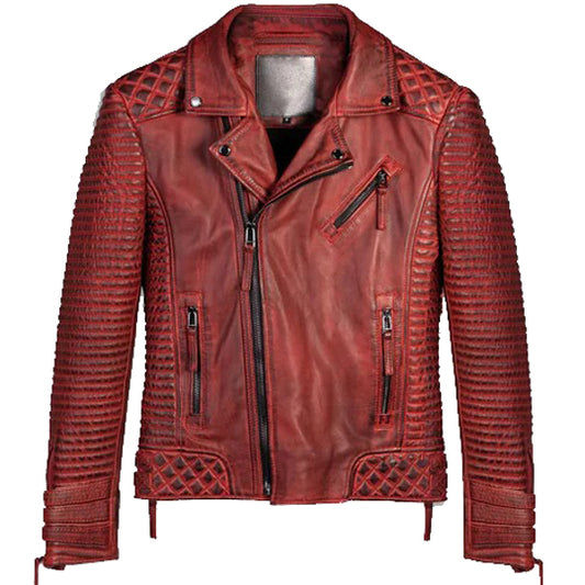 Men's Burnt Red Leather Biker Motorcycle Jacket - 3amoto shop