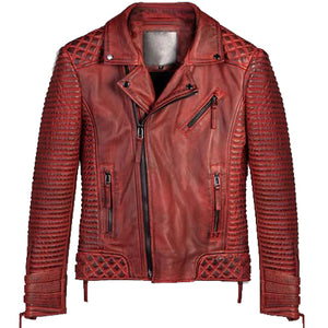 Men's Burnt Red Leather Biker Motorcycle Jacket