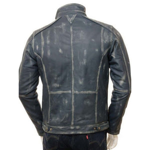 Mens Cafe Racer Blue Waxed Leather Jacket