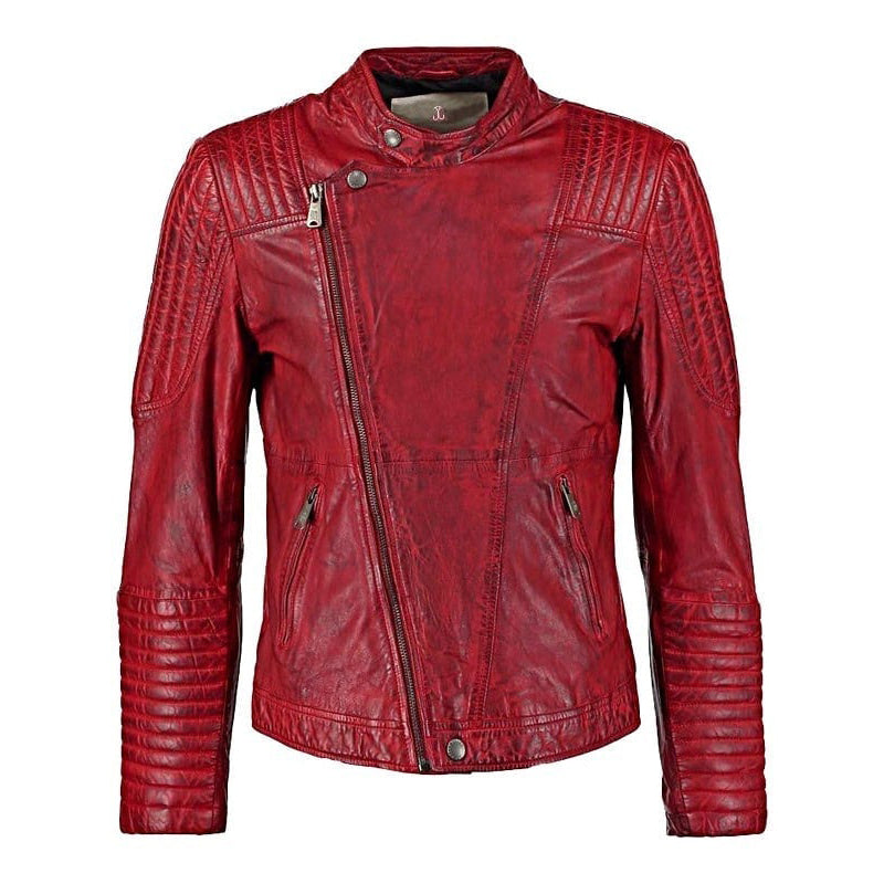 Mens Sheepskin Leather Cafe Racer Biker Jacket Red/Maroon