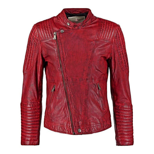 Mens Sheepskin Leather Cafe Racer Biker Jacket Red/Maroon - 3amoto shop