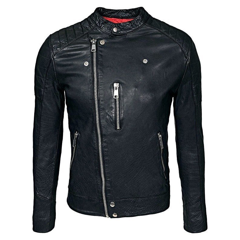 Mens Cafe Racer Sheepskin Leather Biker Jacket Black