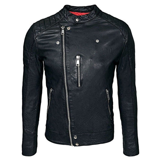 Mens Cafe Racer Sheepskin Leather Biker Jacket Black - 3amoto shop