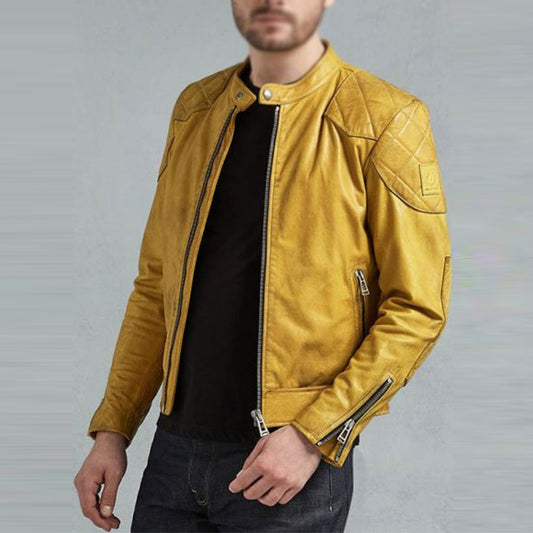 Mens Cafe Racer Yellow Leather Biker Jacket - Fashion Leather Jackets USA - 3AMOTO