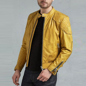 Mens Cafe Racer Yellow Leather Biker Jacket