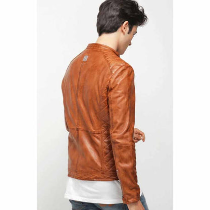 Mens Camel Brown Leather Biker Jacket Back