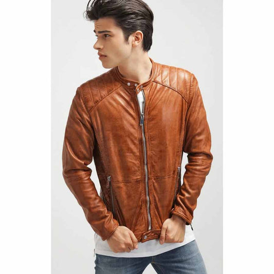Mens Camel Brown Leather Biker Jacket - Fashion Leather Jackets USA - 3AMOTO