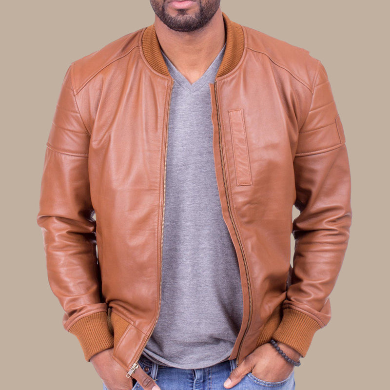 Regular Fit Club Collar Style Orangish Tan Leather Jacket By Brune & B