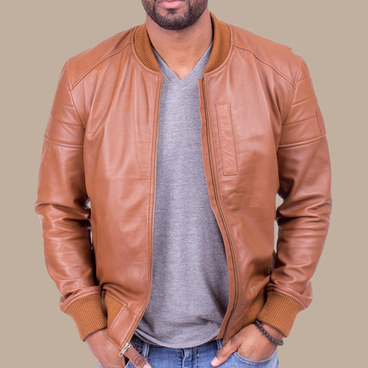Mens Camel Color Lambskin Leather Bomber Jacket - Fashion Leather Jackets USA - 3AMOTO