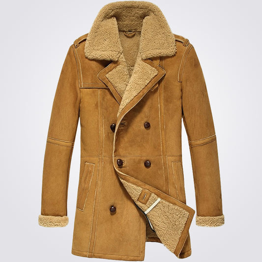 Mens Camel Winter Sheepskin Shearling Pea Coat - Fashion Leather Jackets USA - 3AMOTO