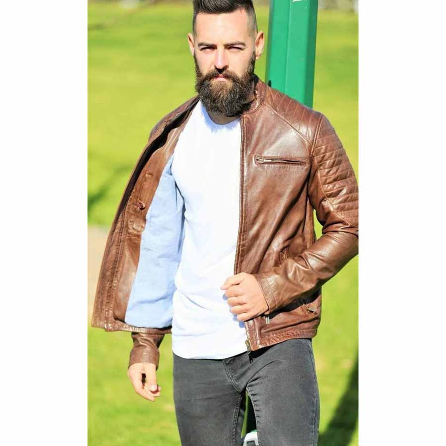 Mens Chocolate Brown Leather Biker Jacket Back