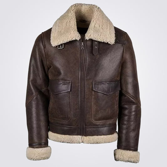 Men's Chocolate Brown Shearling Sheepskin Bomber Jacket - Fashion Leather Jackets USA - 3AMOTO