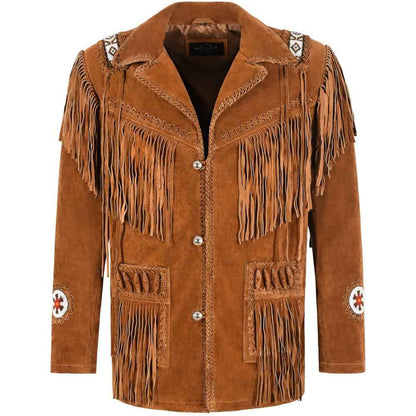 Mens Classic Western Cowboy Suede Leather Jacket in Tan