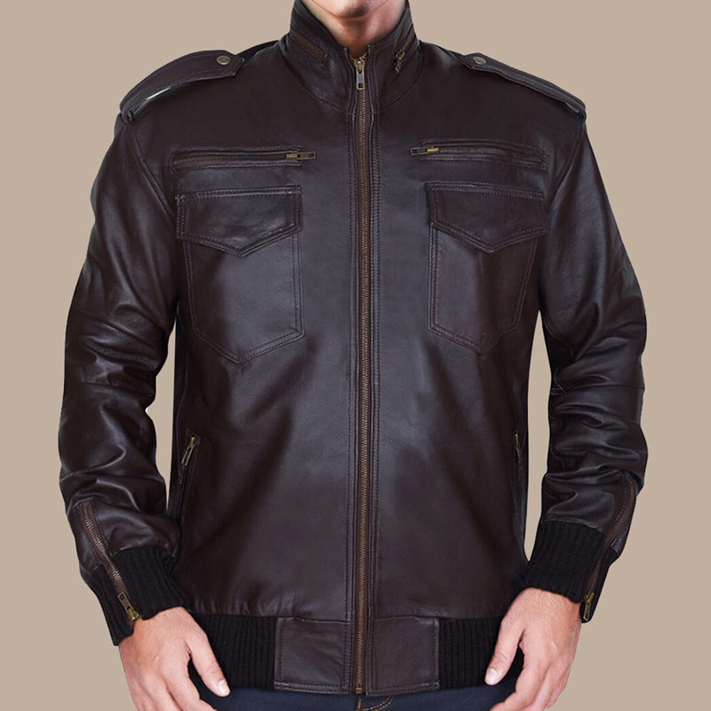 Men’s Dapper Brownish Leather Bomber Jacket, sleek and fashionable design for men.