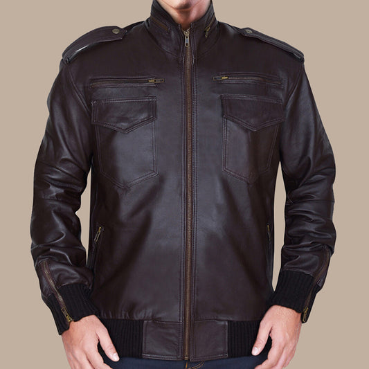 Men’s Dapper Brownish Leather Bomber Jacket, sleek and fashionable design for men. - Fashion Leather Jackets USA - 3AMOTO