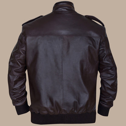 Mens Dapper Brownish Leather Bomber Jacket Back