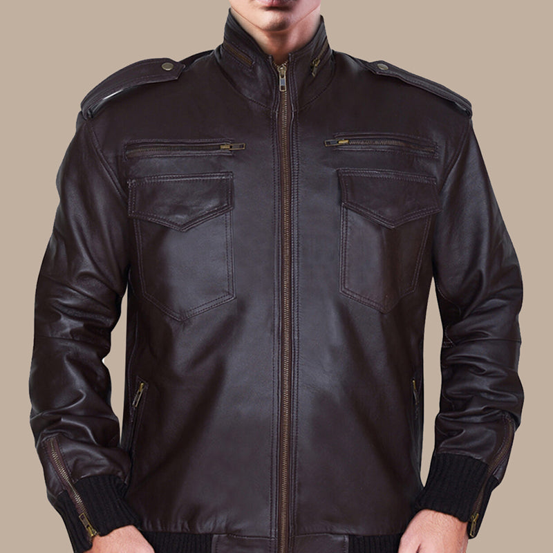 Mens Dapper Brownish Leather Bomber Jacket for Sale