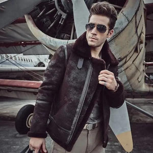 Men’s Dark Brown B3 RAF Aviator Shearling Leather Jacket Fur Coat
