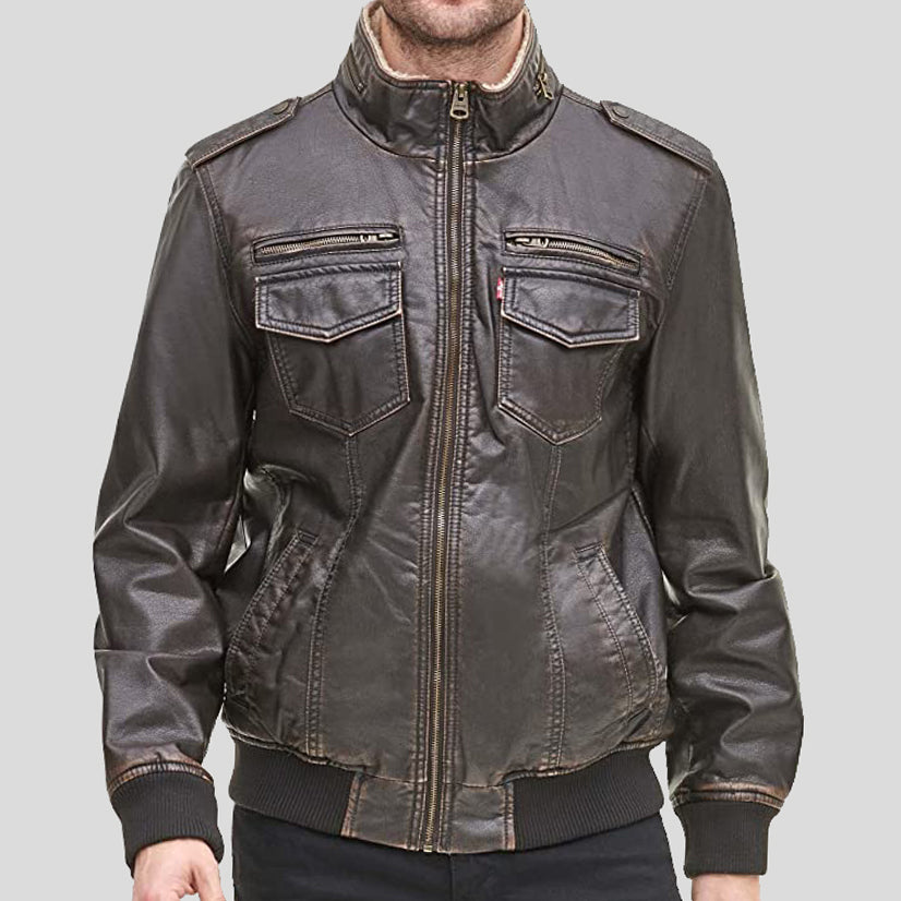 Mens Dark Brown Faux Leather Sherpa Aviator Bomber Jacket