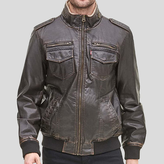 Mens Dark Brown Faux Leather Sherpa Aviator Bomber Jacket - Fashion Leather Jackets USA - 3AMOTO