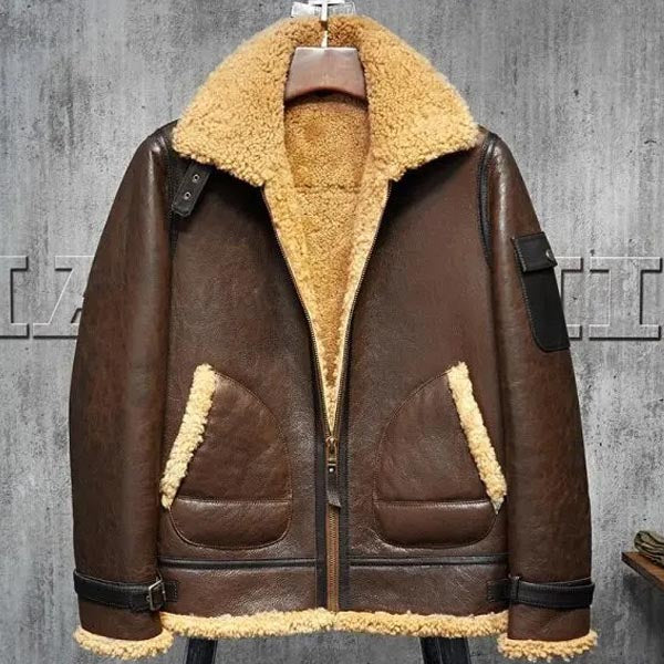 Men's Dark Brown Flying B3 Aviator Shearling Bomber Jacket Coat