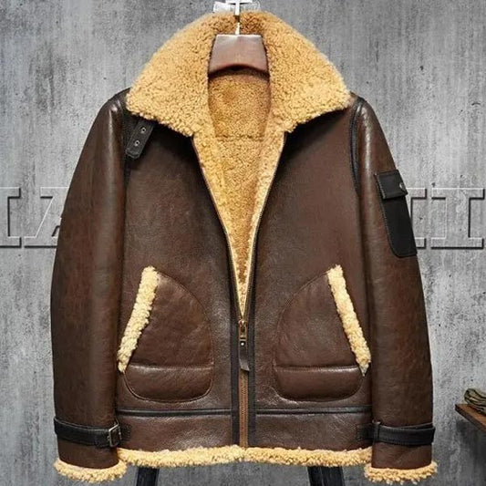 Men's Dark Brown Flying B3 Aviator Shearling Bomber Jacket Coat - 3amoto shop