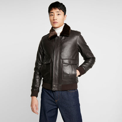 Mens Dark Brown Leather Fur Collar Bomber Jacket