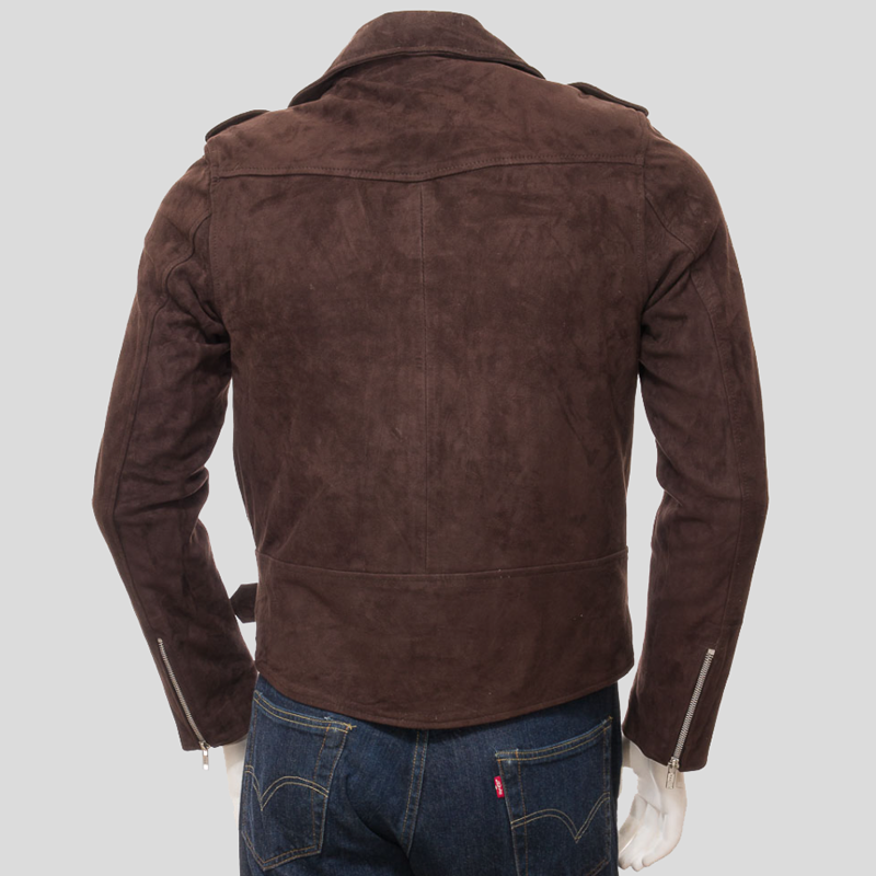 Mens Dark Chocolate Brown Suede Leather Biker Jacket Back