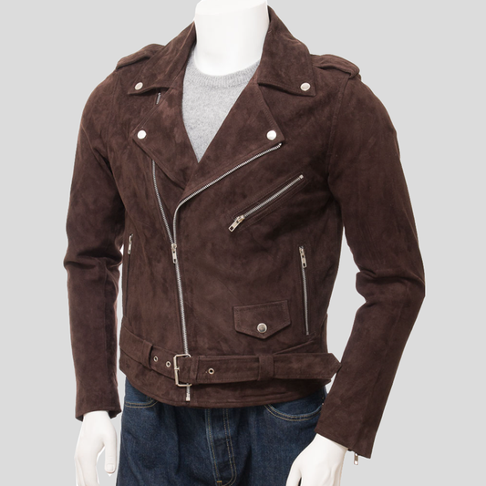 Mens Dark Chocolate Brown Suede Leather Biker Jacket - Fashion Leather Jackets USA - 3AMOTO