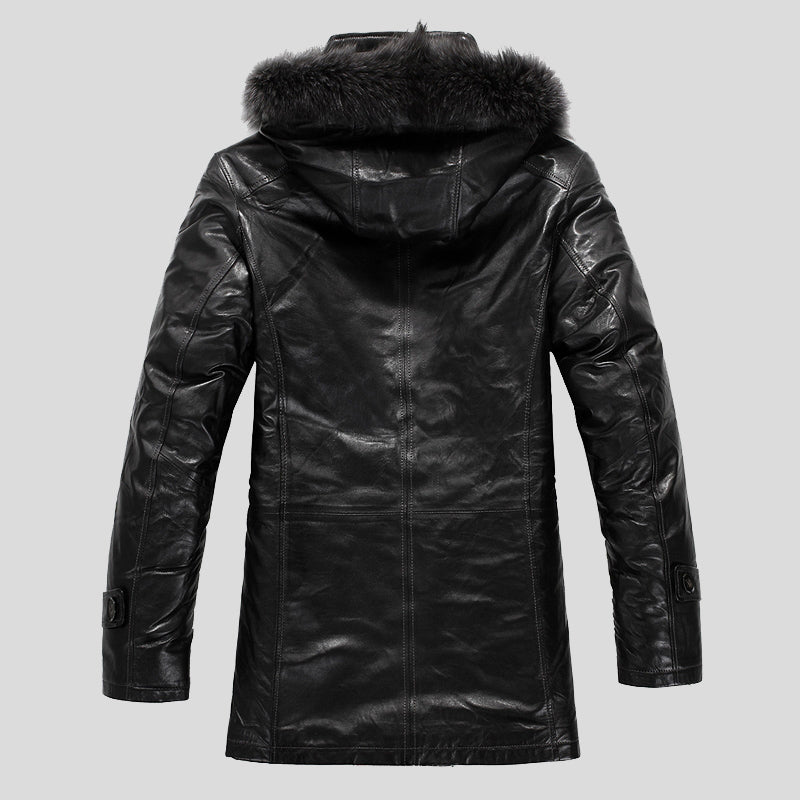 Mens Designer Black Lamb Fur Shearling Sheepskin Hooded Coats Back