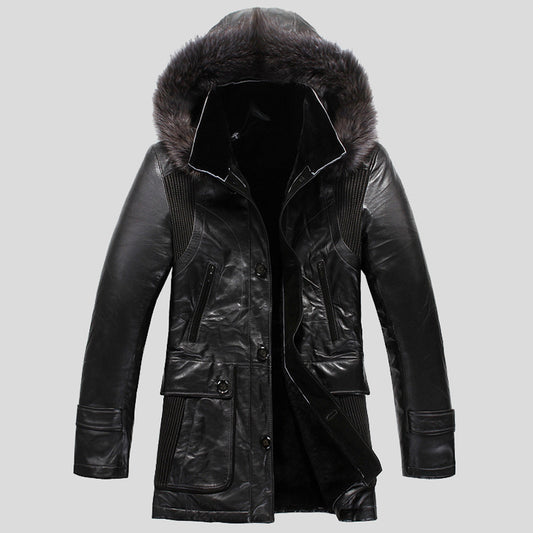 Mens Designer Black Lamb Fur Shearling Sheepskin Hooded Coats - Fashion Leather Jackets USA - 3AMOTO