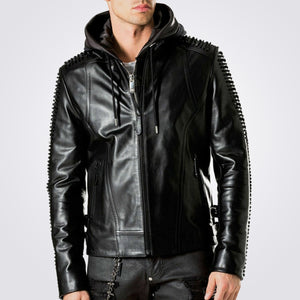 Mens Designer Hooded Biker Studded Leather Jacket with Lion Printed Back