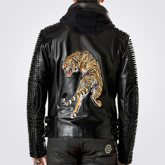 Mens Designer Hooded Biker Studded Leather Jacket with Lion Printed Back - Fashion Leather Jackets USA - 3AMOTO