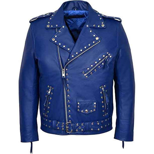 Mens Designer Studded Leather Jacket Blue with Wasit Belt - Fashion Leather Jackets USA - 3AMOTO