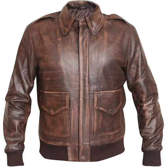 Mens Distressed Brown Aviator A2 Leather Bomber Flight Jacket - Fashion Leather Jackets USA - 3AMOTO