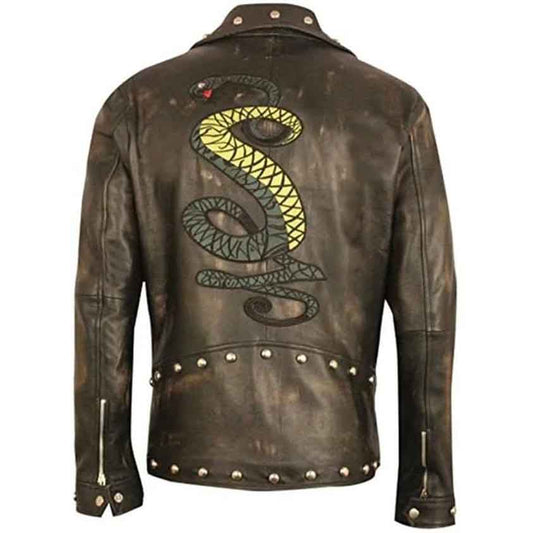 Mens Distressed Brown Embroidery Snakes Studded Leather Jacket - Fashion Leather Jackets USA - 3AMOTO