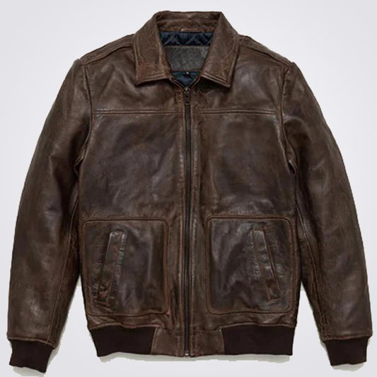 Men's Distressed Brown Leather Bomber Jacket - 3amoto shop