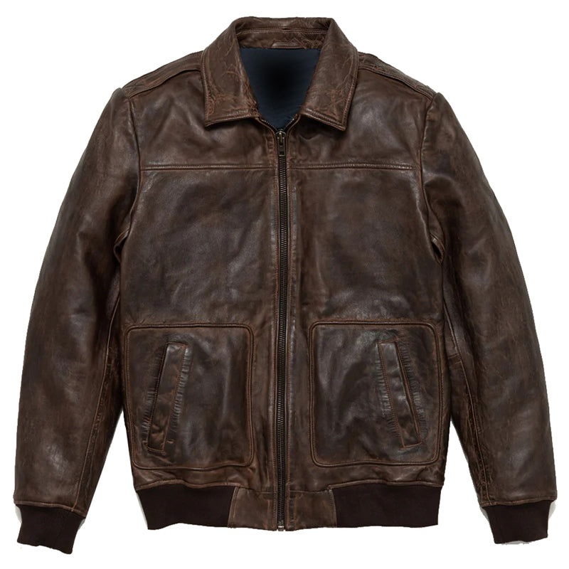 Mens Distressed Brown Leather Flight Bomber Jacket