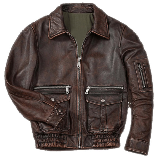 Mens Distressed Brown Vintage Air Force Flight Jacket - Fashion Leather Jackets USA - 3AMOTO
