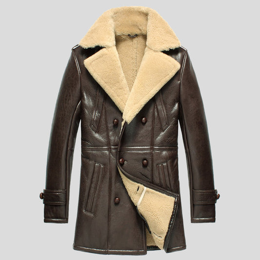 Mens Double Breasted Shearling Sheepskin Coat - Fashion Leather Jackets USA - 3AMOTO