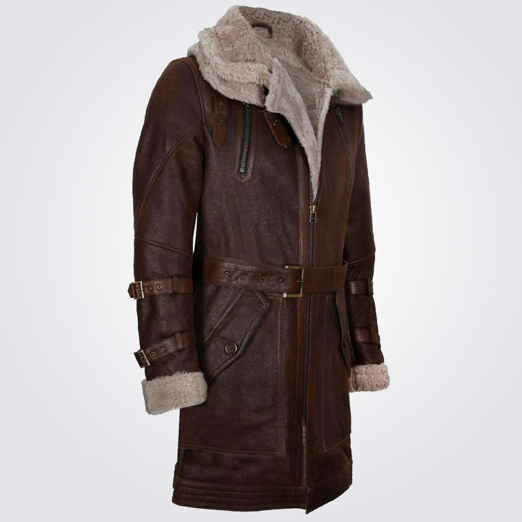 Mens Double Collar Long Brown Sheepskin Coat