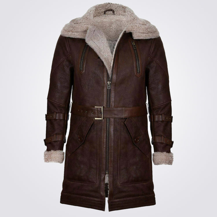 Mens Double Collar Long Brown Sheepskin Coat