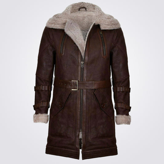 Mens Double Collar Long Brown Sheepskin Coat - Fashion Leather Jackets USA - 3AMOTO