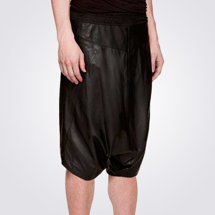 Mens Drop Crotch Black Leather Shorts