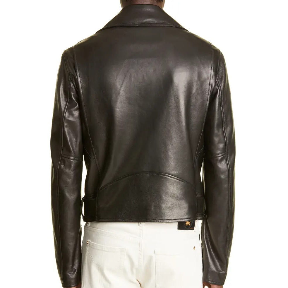 Mens Embellished Genuine Leather Biker Jacket