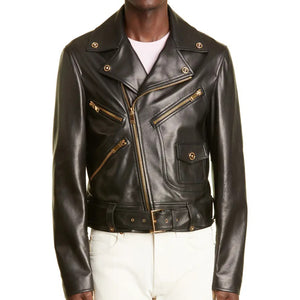 Mens Embellished Genuine Leather Biker Jacket