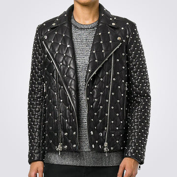 Black Punk Leather Jacket with Spikes Decor - Leather Skin Shop
