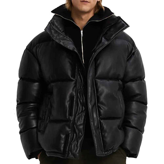 Mens Faux Leather Puffer Jacket Black - 3amoto shop