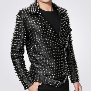 Men's Full Silver Studded Lambskin Leather Jacket