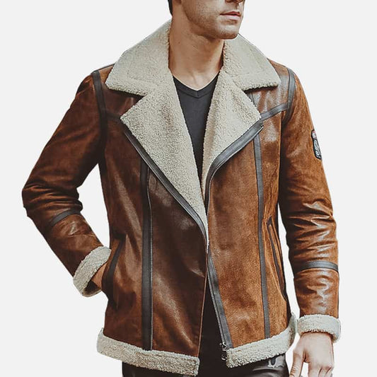 Mens Brown Real Leather Fur Shearling Jacket - Fashion Leather Jackets USA - 3AMOTO